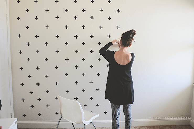 plus pattern on wall made with black Washi tape