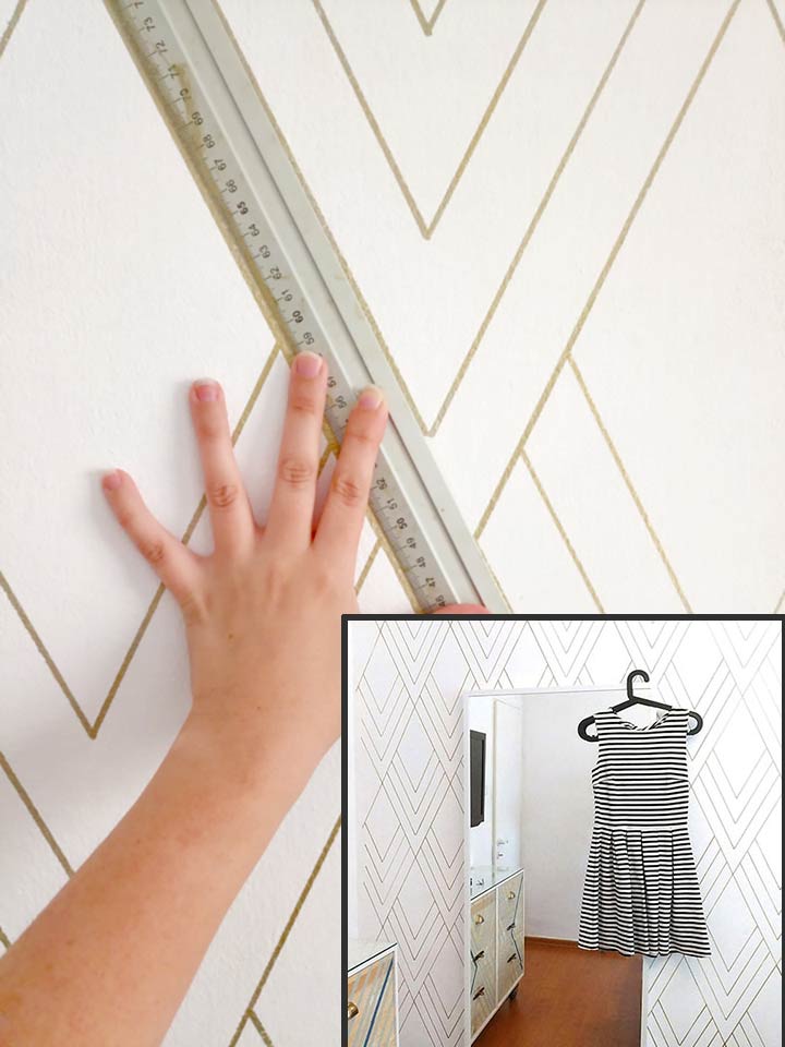 geometric painted wall design using a  paint pen