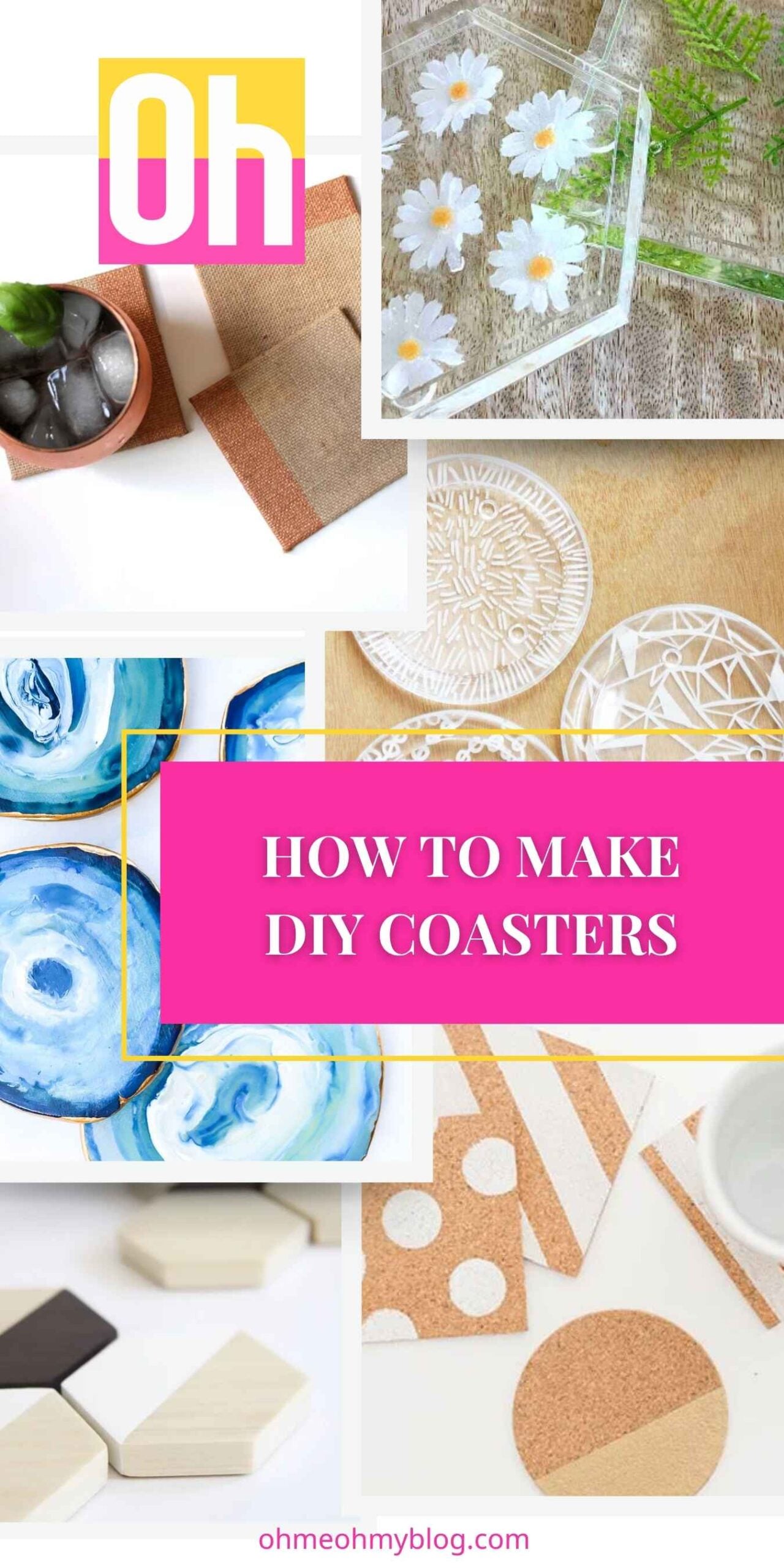 A collage of DIY coaster ideas showcasing resin, wood, cork, burlap, and floral coaster projects for home decor and handmade gifts.