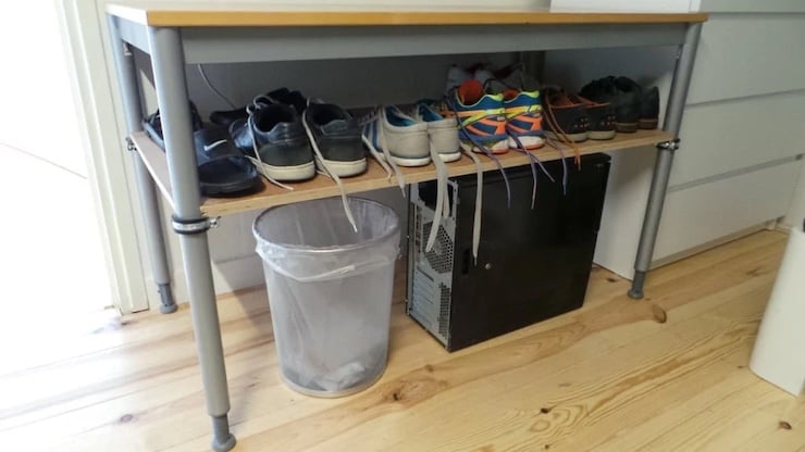 ikea desk used as shoe storage