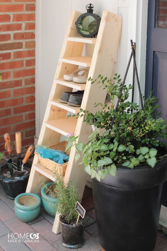 DIY shoe storage ladder next to front door