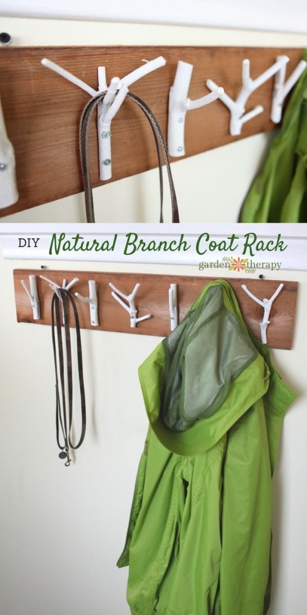 DIY natural branch coat rack with painted twig hooks mounted on a wooden board
