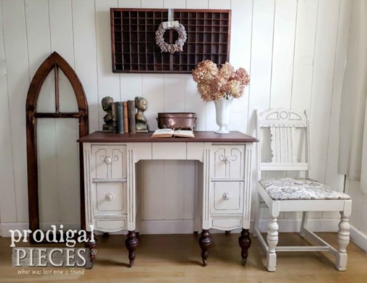 Antique dressing table repurposed into a small home office desk with vintage charm