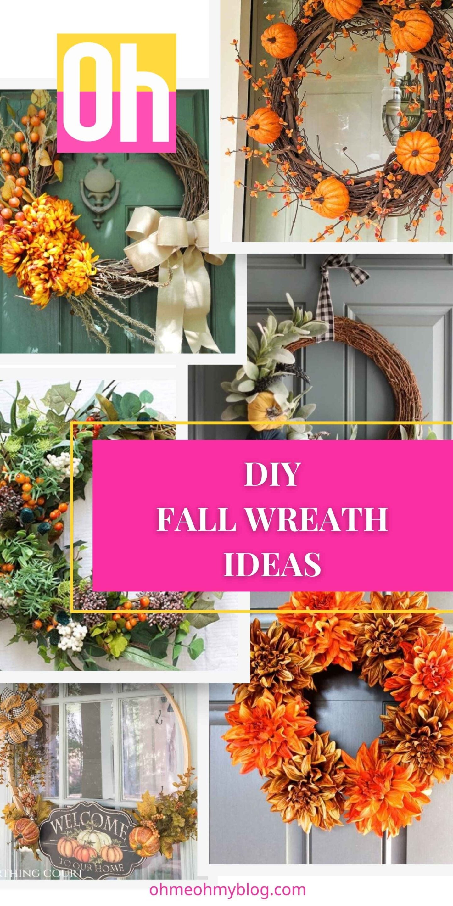 Collage of photos of DIY Fall Wreath Ideas including pumpkins, fresh greens and dried flowers