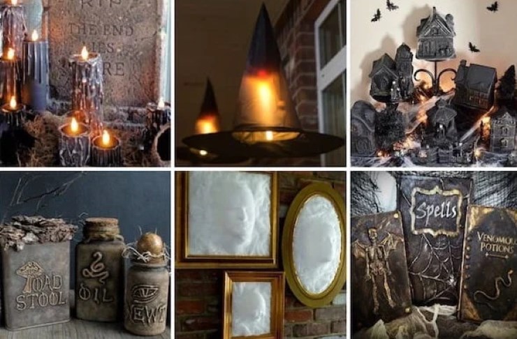 Collage of DIY Halloween decorations including potions, witch hats, haunted houses, and spell books