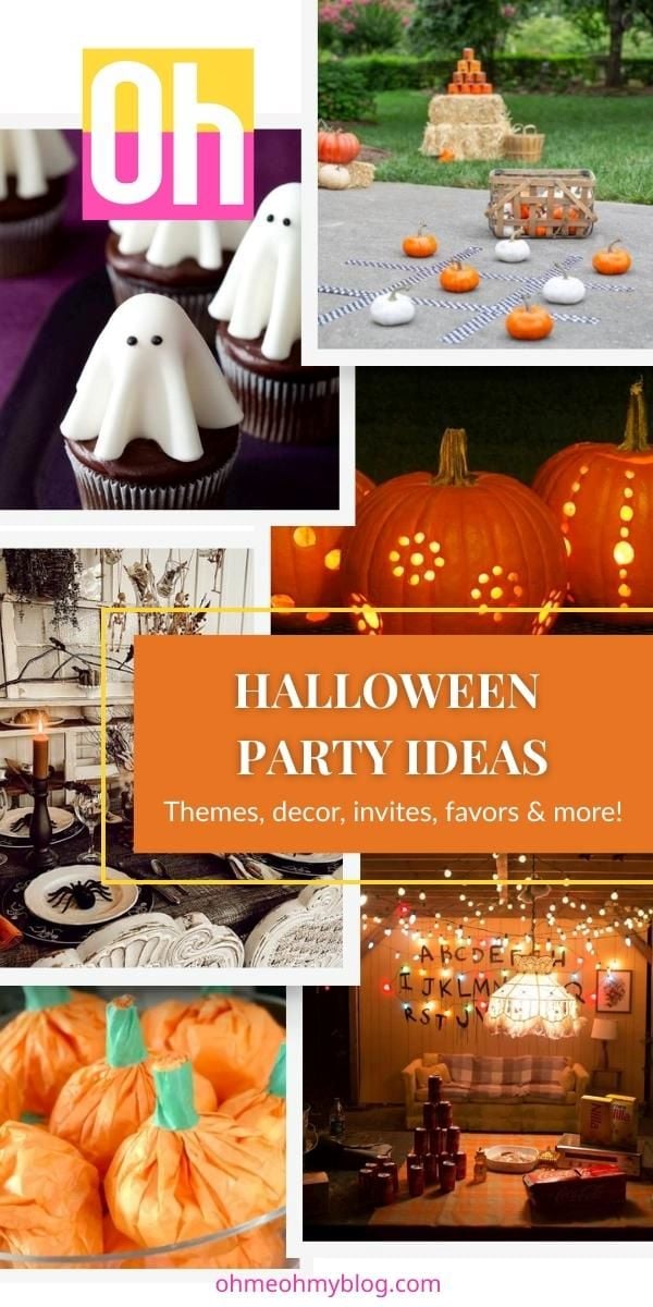 Collage of Halloween party ideas including ghost cupcakes, pumpkin games, carved pumpkins, decor, and favors