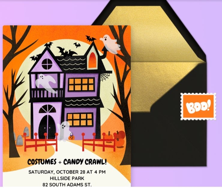 Colorful Halloween party invite with a haunted house, ghosts, bats, and bright orange moon
