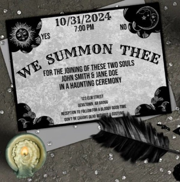 Halloween invitation styled like a Ouija board with gothic fonts and spooky symbols