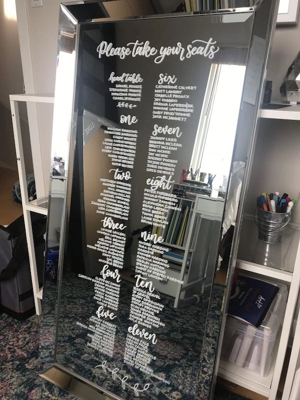 large glass mirror diy seating chart display