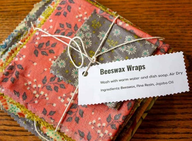 DIY waxed food wrap made from patterned fabric tied with string