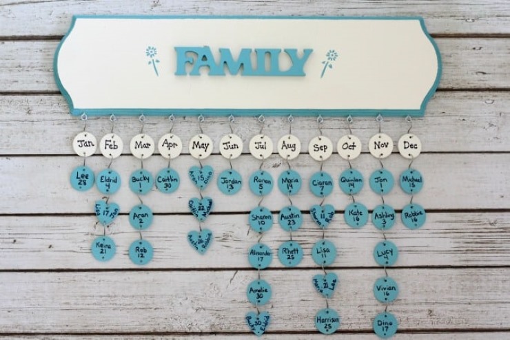 DIY birthday board with family names and dates on hanging tags
