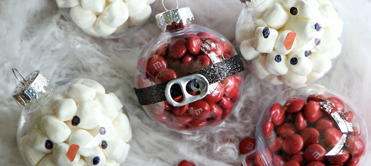 clear ornaments decorated and filled with candy