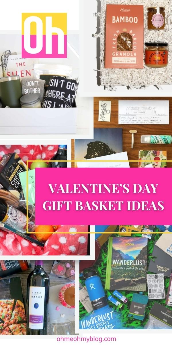 Collage of Valentine’s Day gift basket ideas including wine and cheese, coffee, spa, book lover, and travel themed baskets