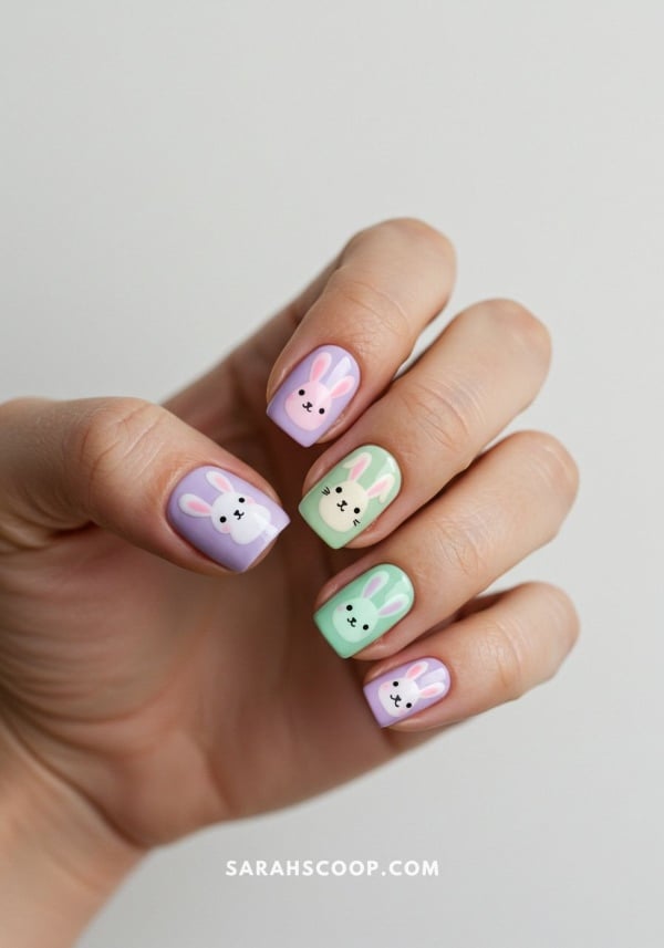 Pastel Easter nails with cute bunny faces on lavender and mint polish for a playful spring manicure.