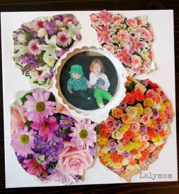 Mother's Day card with a heart-shaped floral collage and a photo in the center, surrounded by colorful flowers