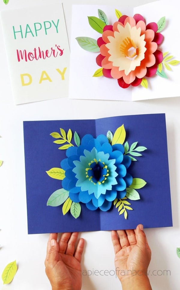 Pop-up Mother's Day cards create a 3D bouquet effect with layered paper flowers in bright colors