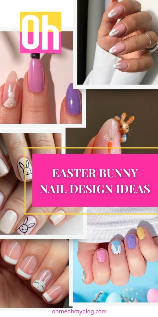 A collage of Easter bunny nail designs featuring pastel nails, bunny faces, French tips and 3D bunny nail ideas for spring.