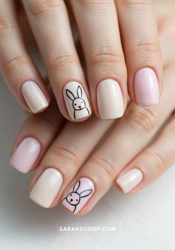 Nail art with a minimal bunny silhouette on soft neutral nails for a sophisticated Easter Bunny manicure.