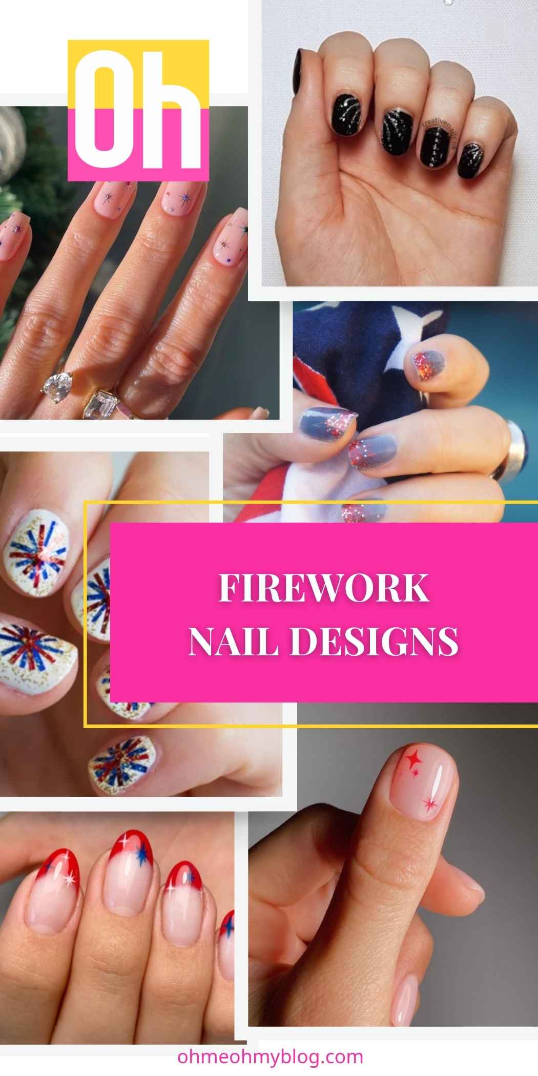 Collage of simple firework nail designs featuring glitter nails, patriotic French tips, and colorful Fourth of July nail art ideas