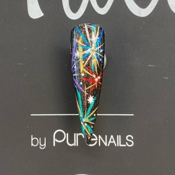 Black glitter nail with colorful firework bursts and sparkling rainbow details